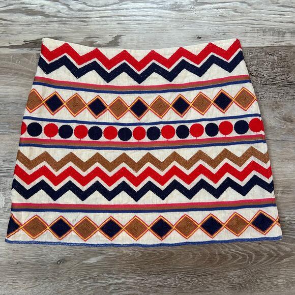 THML Embroidered Geometric Mini Skirt Small Lined Zip Boho Festival Aztec Print - Picture 1 of 6
